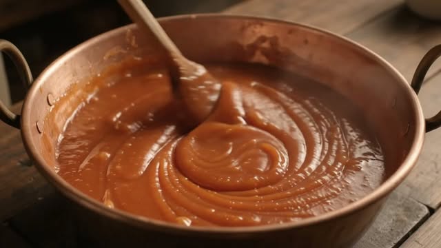 Marmelada a ser mexida com uma colher de pau num tacho de cobre.